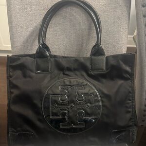 Tory Burch Black Large Ella Nylon Tote with Patent Leather Trim— Fair Condition